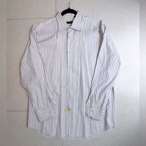 Hugo Boss white dress shirt with purple strips. Size 16-16.5 neck, 32-33 sleeve.